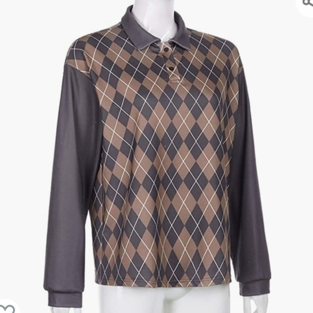 Fashion Argyle Brown and Tan Long Sleeve Collared‎ Shirt Medium
